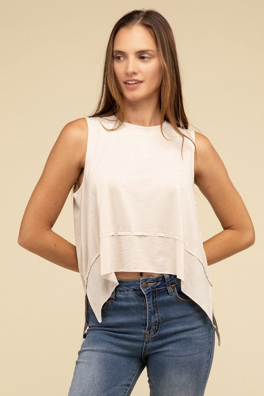 Zenana Shark Bite Side Slit Short Sleeveless Top ZENANA