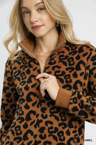 Umgee Camel Leopard Print Quarter-Zip Sweatshirt