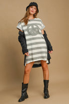 Umgee Gray Peace Applique Striped Short Sleeve Mini Dress Dresses