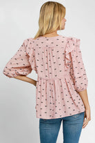 Umgee Ruffled Bow Print Tie Neck Peplum Blouse