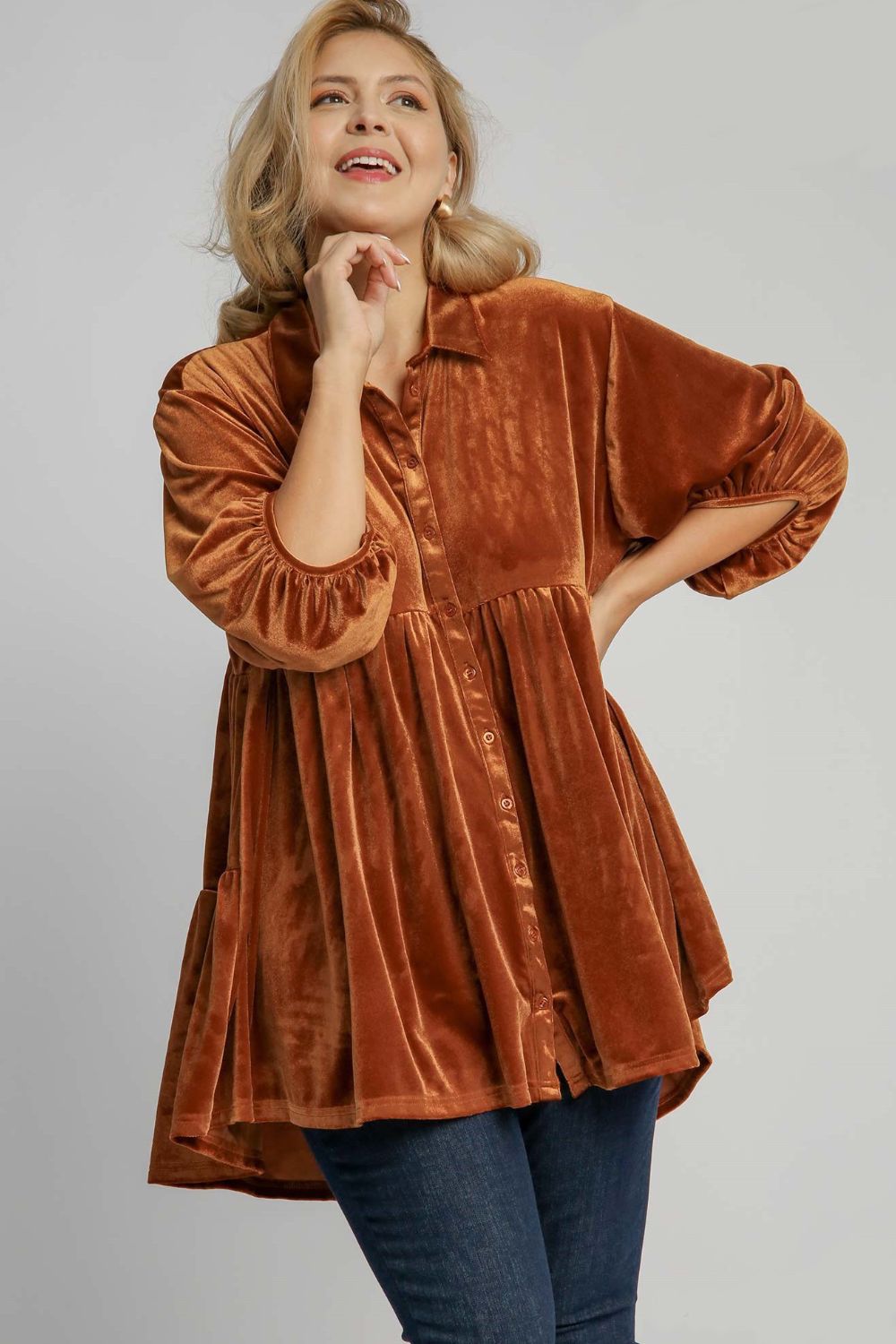 Umgee Terracotta Velvet Button Down Tiered Back High Low Shirt Shirts & Tops