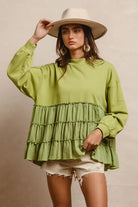 BiBi Light Olive French Terry and Woven Mixed Tiered Top