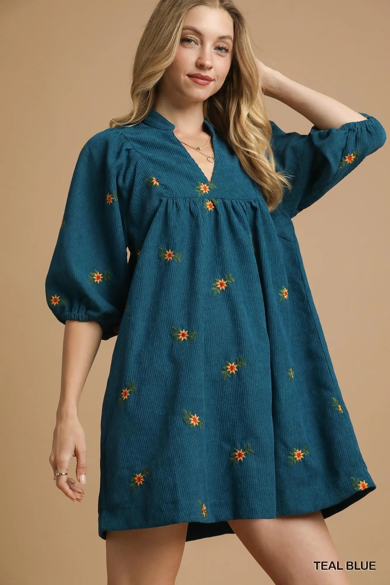 Umgee Teal Blue Corduroy Babydoll Dress with Floral Embroidery TEAL BLUE