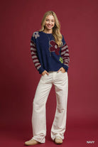 Umgee Navy Flower Jacquard Striped Long Sleeve Sweater