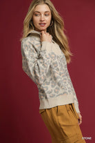 Umgee Stone Leopard Print Quarter-Zip Knit Sweater
