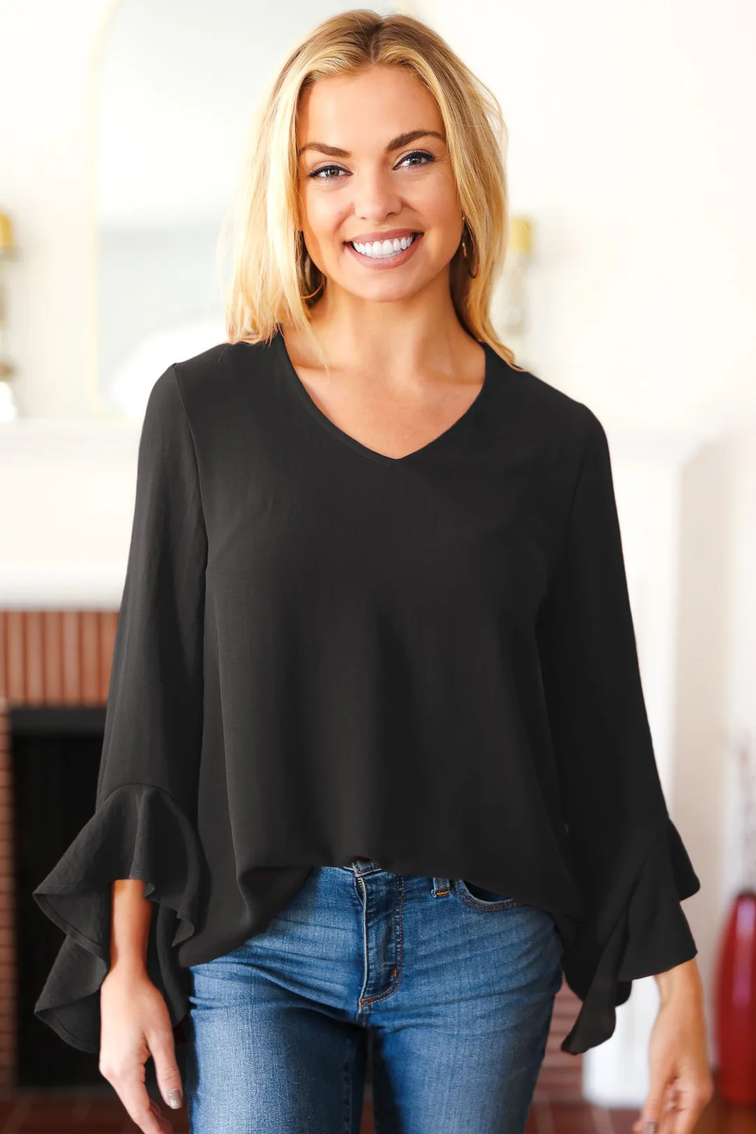 Haptics Black Hi-Lo Ruffle Sleeve Woven Top Haptics