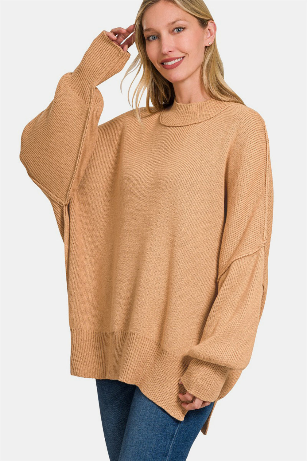 Zenana Dark Brush Ribbed Side Sit Oversized Sweater Dk Brush Trendsi