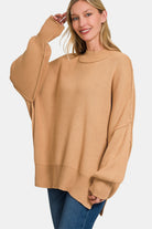 Zenana Dark Brush Ribbed Side Sit Oversized Sweater Dk Brush Shirts & Tops