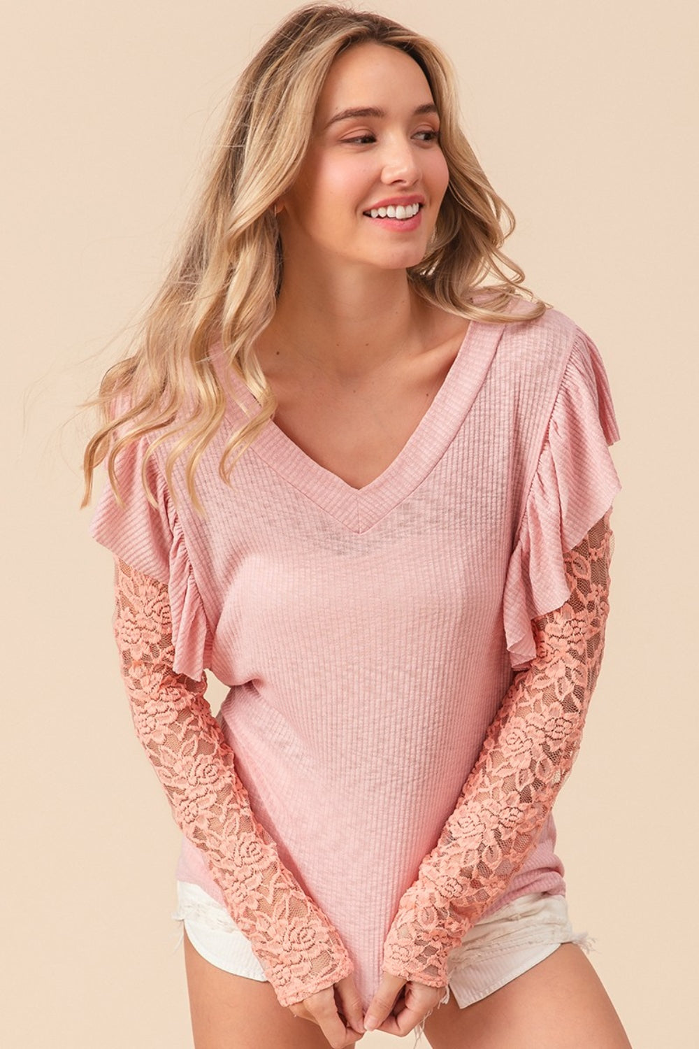 BiBi Blush Pink Ruffled Lace Sleeve Rib Knit Top