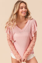 BiBi Blush Pink Ruffled Lace Sleeve Rib Knit Top Blush Pink Trendsi