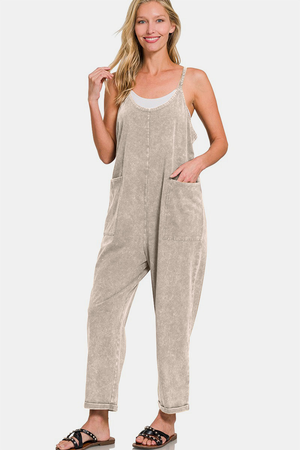 Zenana Sleet Acid Washed Spaghetti Straps Overalls with Pockets Trendsi