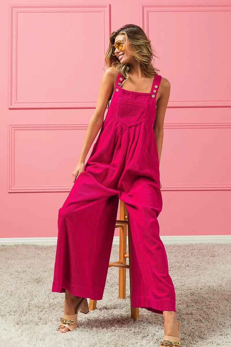 BiBi Fuchsia Vintage Washed Corduroy Wide Leg Overalls