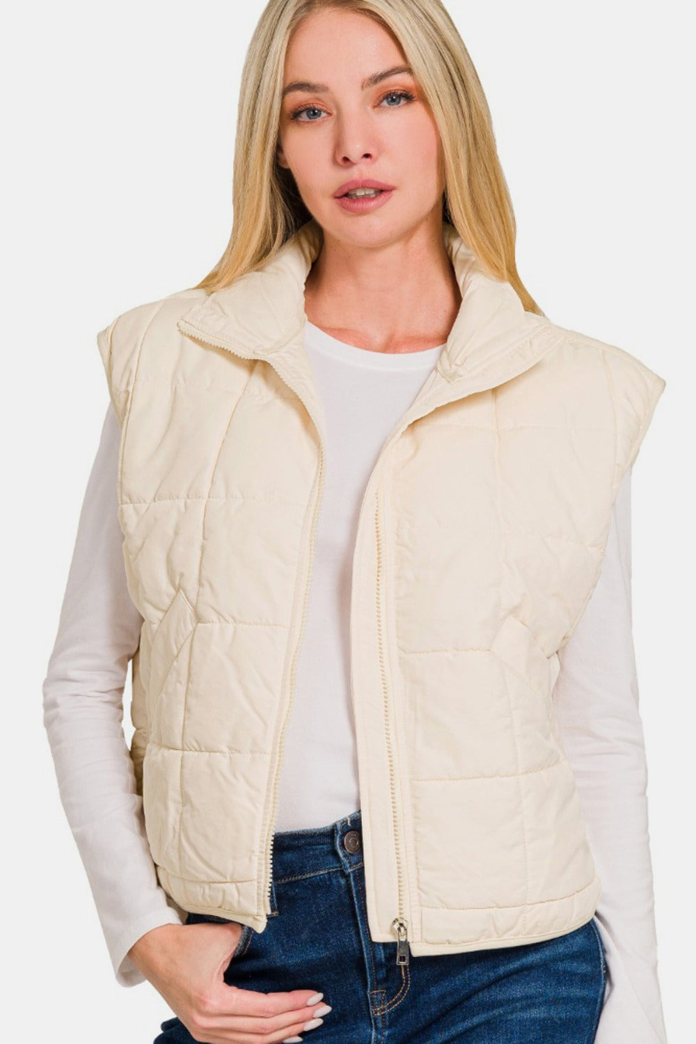 Zenana Cream Zip Up Cropped Puffer Vest with Pockets Cream Trendsi