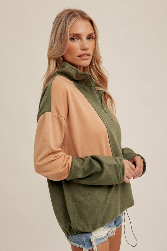 Hem & Thread Taupe/Green Color Block Fleece Mock Neck Zip Up Cinched Hem Pullover Sweater Sweater