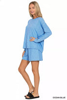 Zenana Ocean Blue Soft Melange Long Sleeve Tee and Shorts Set