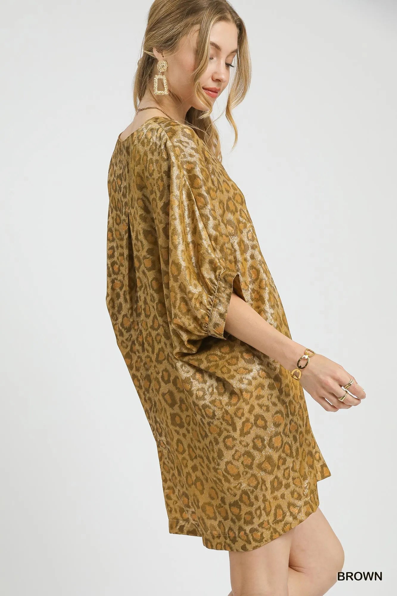 Umgee Brown Metallic Leopard Print V-Neck Kimono Dress