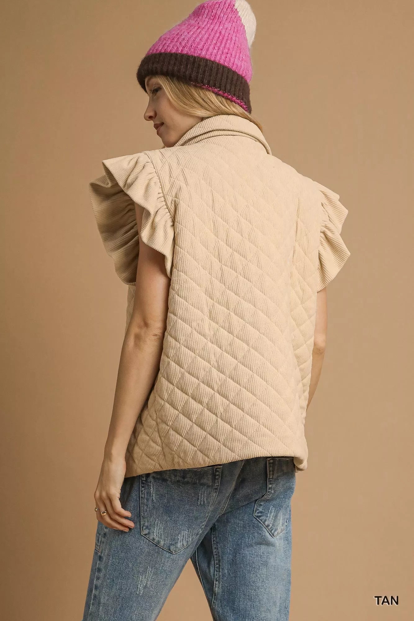 Umgee Tan Corduroy Quilted Ruffle Sleeve Vest
