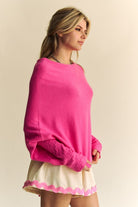 Davi & Dani Hot Pink Mafulus Crewneck Batwing Sleeve Sweater Trendsi