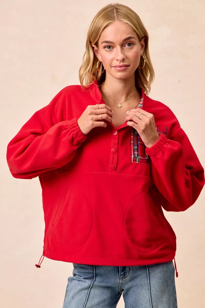 BiBi Red Christmas Theme Fleece Buttoned Top with Pockets
