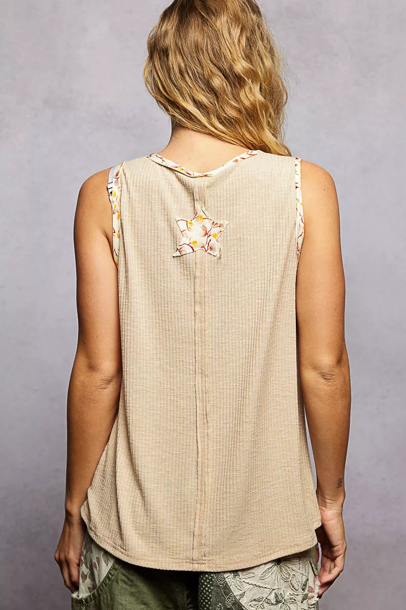POL Wheat Beige Washed Ribbed V-Neck Tank with Floral Print Star Patch