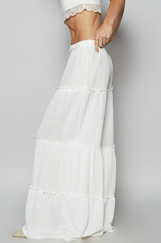 POL Ivory Waffle-Knit Drawstring Wide Double Gauze Leg Pants