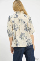 Umgee Navy Floral Embroidered Blouse with Ruffle Trim