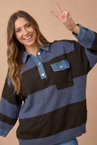 Haptics Blueberry Fields Striped Denim Collar Sweater in Brown & Slate Blue