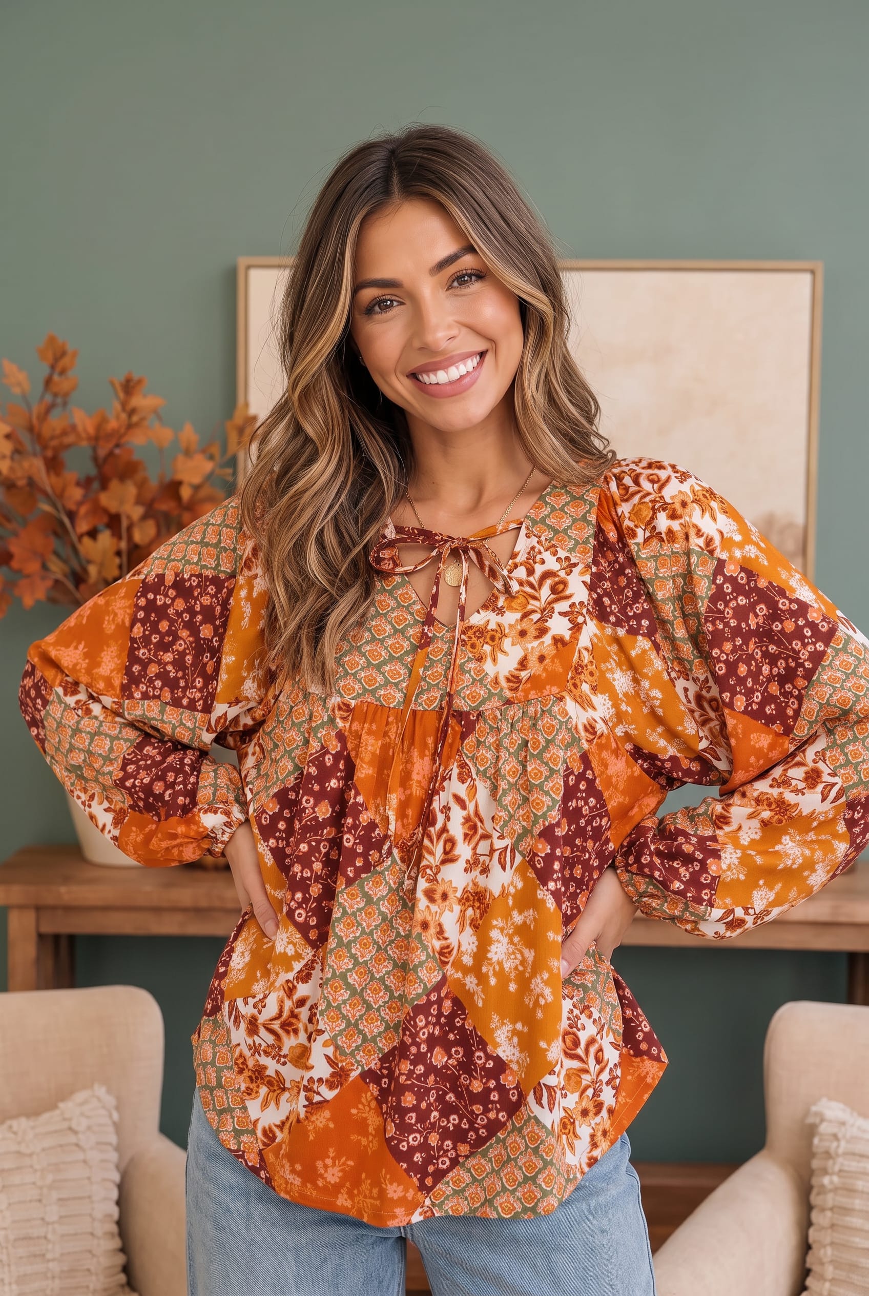 Haptics Autumn Patchwork Boho Blouse in Rust