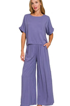 Zenana Marlin Round Neck T-Shirt and Wide Leg Pants Set MARLIN