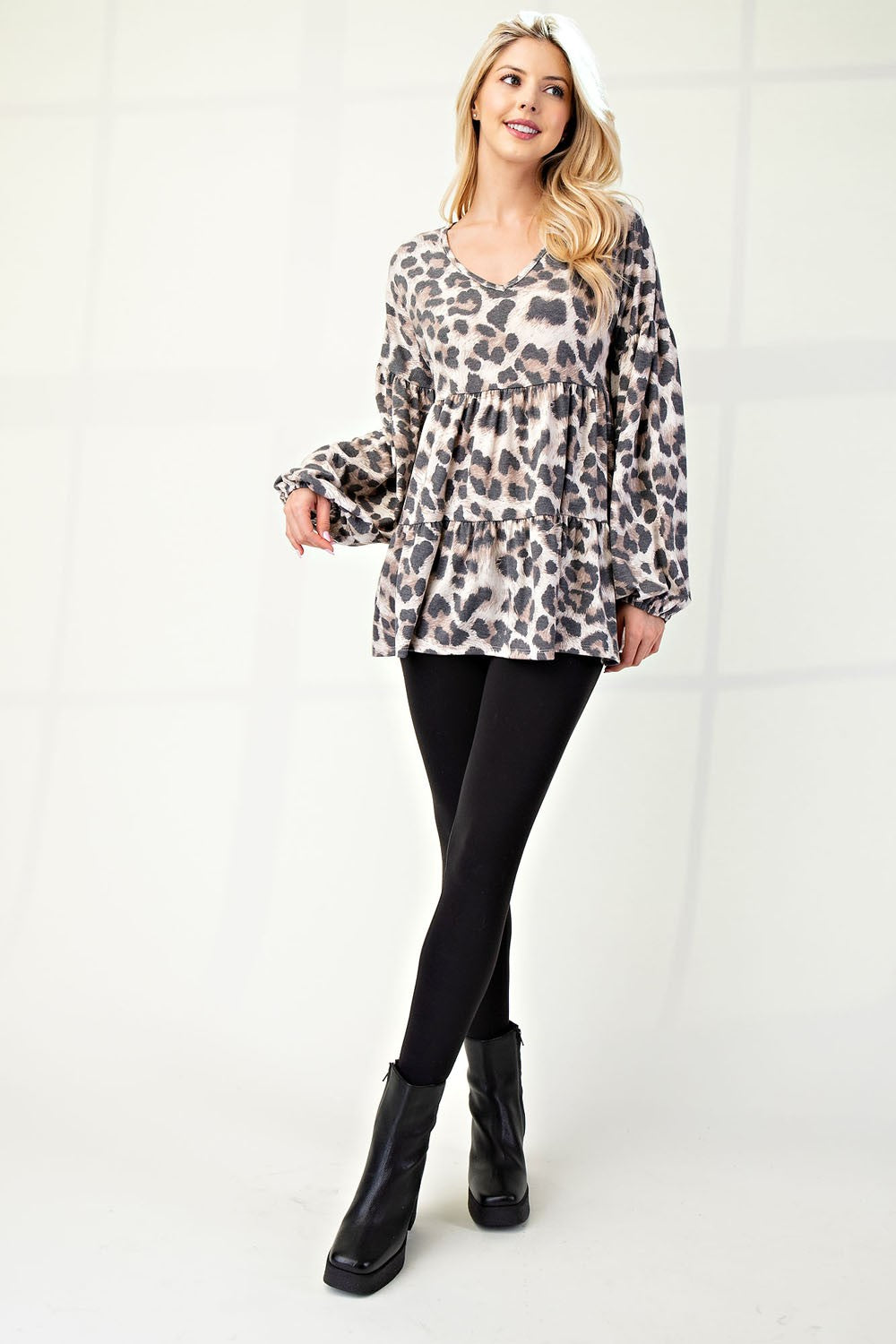 Celeste Leopard V-Neck Balloon Tiered Sleeve Blouse Shirts & Tops