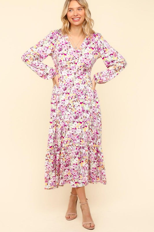 Haptics Liliac Floral V-Neck Long Sleeve Dress with Side Pockets Dresses