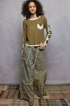 POL Olive Round Neck Long Sleever T-Shirt with Star Patch