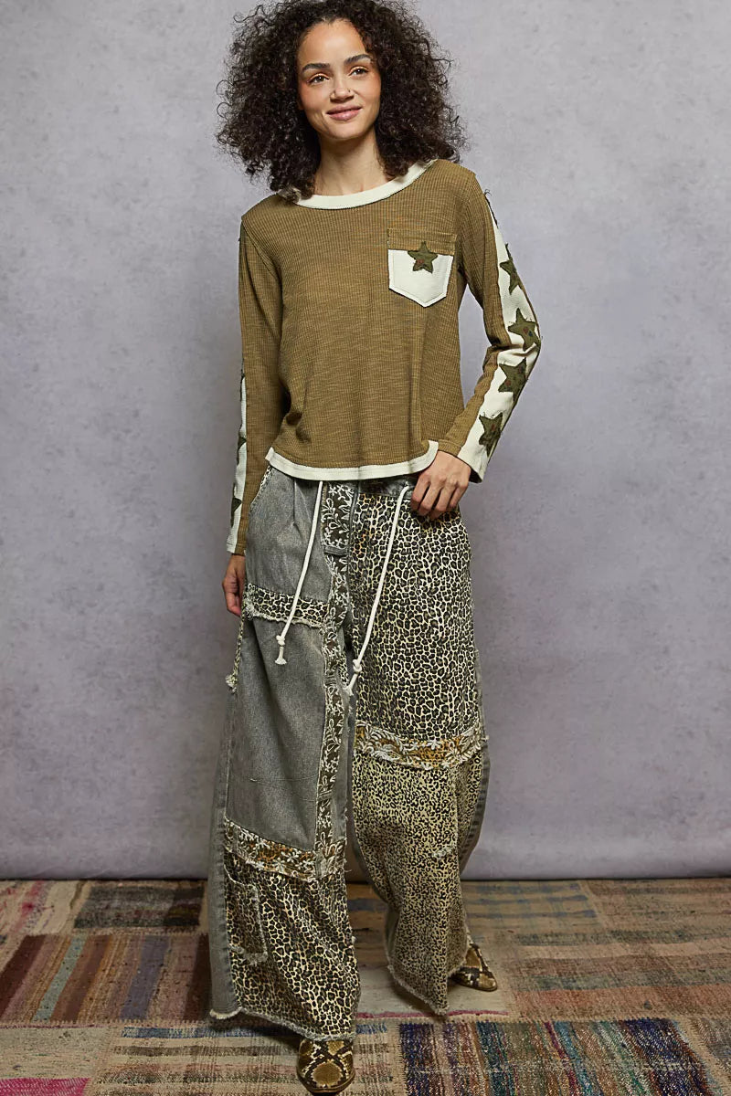 POL Olive Round Neck Long Sleever T-Shirt with Star Patch