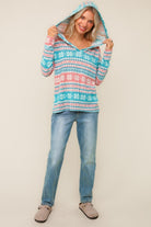 Haptics Teal/Red/White Snowflake Print Brushed Hacci Hoodie Pullover