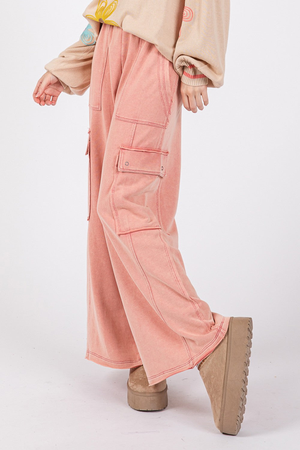 SAGE + FIG Rose Knit Terry Mineral Wash Wide Leg Pants Trendsi