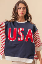 BiBi Navy USA Letter Patchwork Contrast Short Sleeve T-Shirt Trendsi