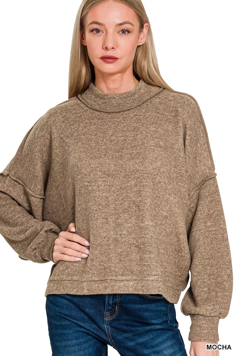 Zenana Brushed Melange Hacci Cropped Sweater MOCHA