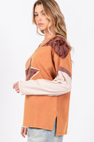 SAGE + FIG Rust Star Patch Long Sleeve Color Block T-Shirt Trendsi