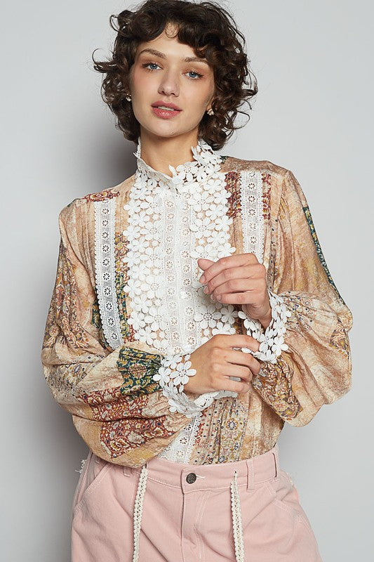 POL Mocha Lace Detail Printed Button Down Shirt