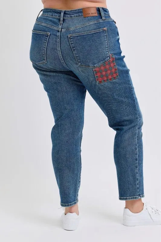 Judy Blue High Waisted Plaid Patch Slim Fit Jeans