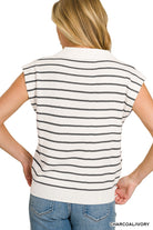 Zenana Charcoal & Ivory Viscose Striped Collared Sweater Vest