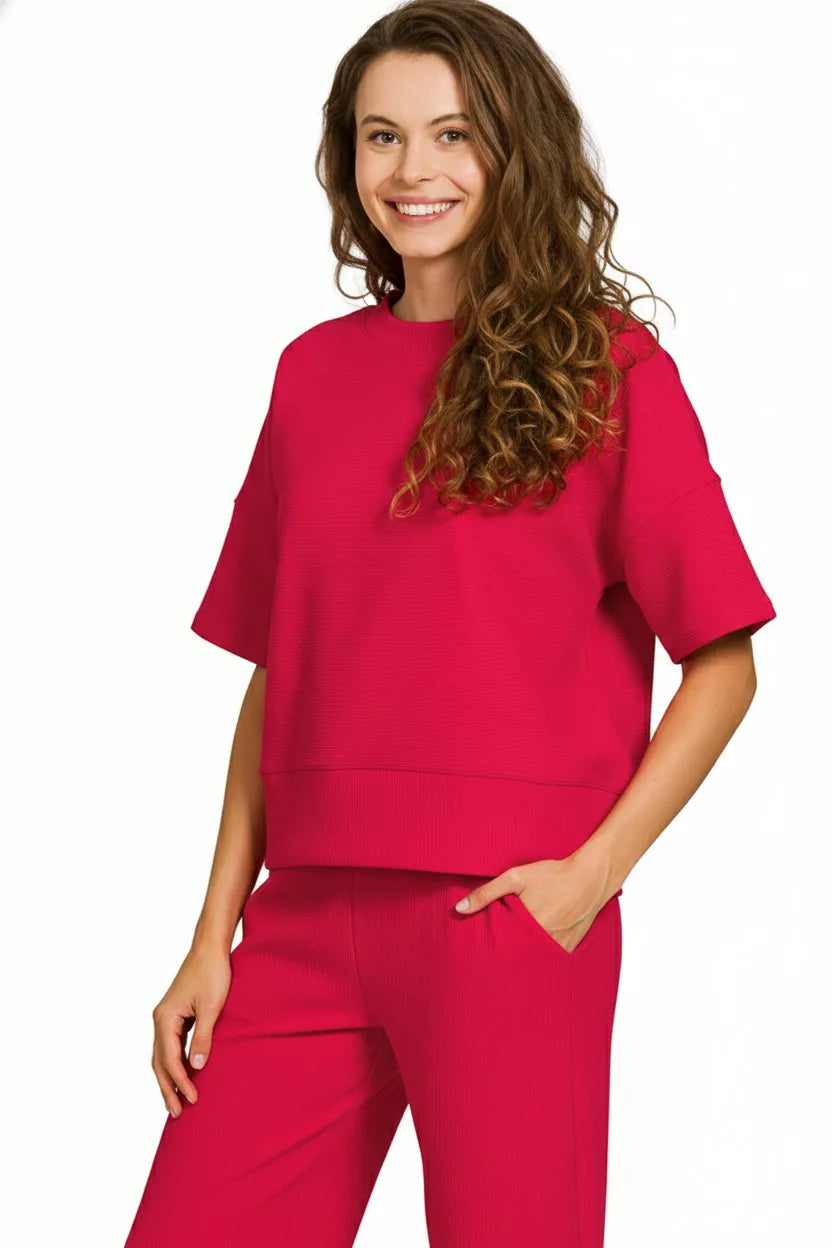 Zenana Ruby Ribbed Round Neck Tee & Pants Set