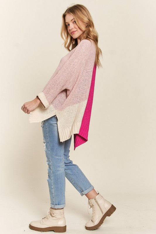 ADORA Hot Pink Side Slit Color Block Long Sleeve Sweater