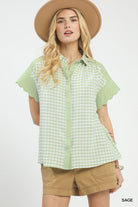 Umgee Sage Mixed Gingham Short Sleeve Shirt SAGE