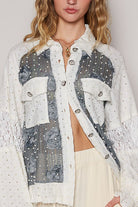 POL Eyelet Flower Pearl Detail Lace Patchwork Shirt in Charcoal and Cream Shirts & Tops