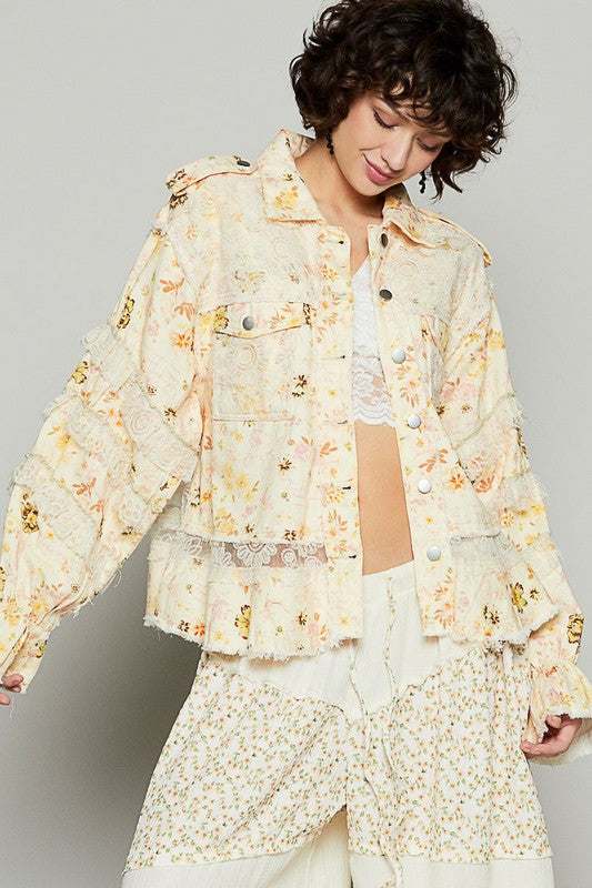 POL Raw Hem Lace Patch Flounce Sleeve Jacket Pastel Yellow