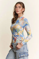 Davi & Dani Cobalt Multi Printed Mesh Round Neck Long Sleeve Top