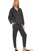 Zenana Black Scuba Half Zip Pullover and Jogger Set