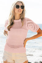 BiBi Blush Crochet Knit Top With Puff Sleeves BLUSH