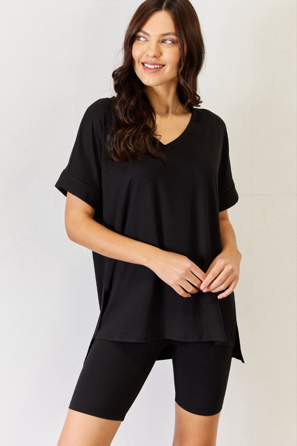 Zenana Black V-Neck Short Sleeve Slit T-Shirt and Shorts Set Black Trendsi
